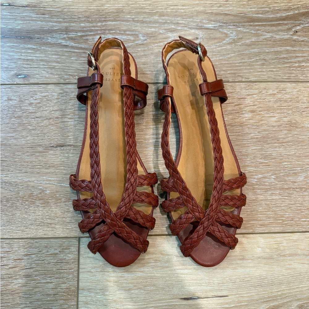 Sezane Braided Leather Sandals in Rust Brown